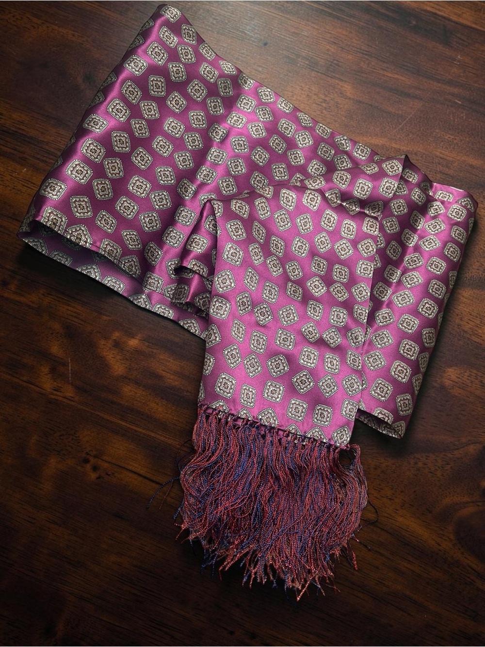 100% Pure Silk Burgundy Geometric Fringe Scarf